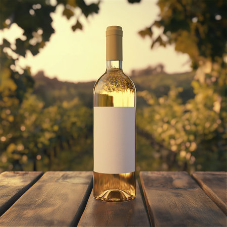 A highly detailed, photorealistic image of a white wine bottle with a blank label, placed on a rustic wooden table. The soft golden light from a summer sunset creates a warm and inviting atmosphere, while lush green vineyards in the background evoke the relaxed feeling of a siesta. Perfect lighting and shadows highlight the textures of the bottle and enhance the serene ambiance. Ideal for wine promotions, product shots, and lifestyle imagery. Generated AI.の素材