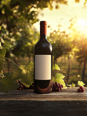 Red Wine Bottle with Blank Label on Rustic Wooden Table at Sunsetの素材