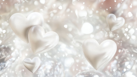 An enchanting background featuring white hearts with a magical and sparkly effect. The soft, luminous design evokes a romantic and whimsical atmosphere, perfect for Valentineâs Day, weddings, anniversaries, or celebratory events. Ideal for cards, invitations, or decorative projects. Generated AI.の素材
