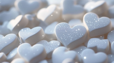 An enchanting background featuring white hearts with a magical and sparkly effect. The soft, luminous design evokes a romantic and whimsical atmosphere, perfect for Valentineâs Day, weddings, anniversaries, or celebratory events. Ideal for cards, invitations, or decorative projects. Generated AI.の素材