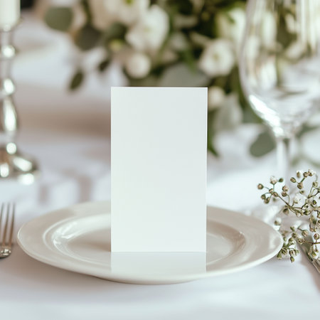 A photorealistic mockup of a standing vertical 4x9 menu card displayed on an elegant white plate. Delicate green floral elements subtly enhance the composition, adding a natural and sophisticated touch. This minimal and elegant design is perfect for showcasing wedding or formal event menu concepts. Generated AI.の素材
