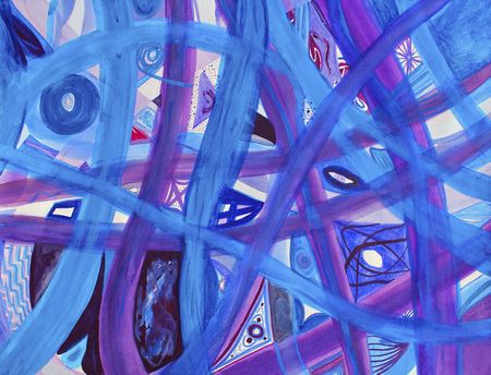 Abstract blue, purple, red roads on white background. Many paths of blue and purple intertwine along with small areas of red on a background of white. Original watercolor art painting.の写真素材