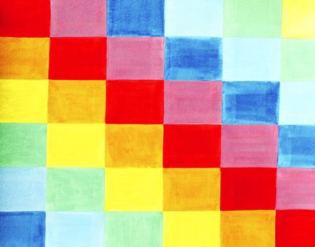 Colorful flag is made out of various colored rectangles positioned on the rectangle flag in a pattern. Colors are indigo, blue, green, yellow, orange, red, violet or purple. Watercolor painting. の写真素材