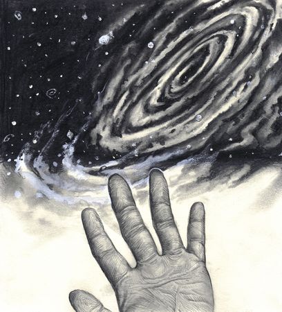 A black and white illustration of a hand with the palm side revealed, its fingerprints and palm prints in detail, reaching up towards the stars and heavenly universe above in space. の写真素材