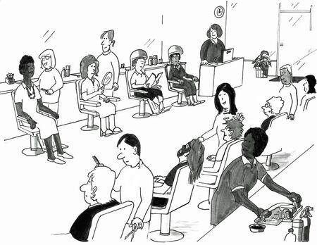 Many people getting hair and beauty treatments at a busy salon.の写真素材