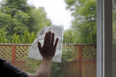 Having sprayed window cleaning fluid on the glass, a hand of a man is seen washing a sliding glass...