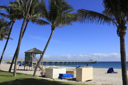 DEERFIELD BEACH, FLORIDA - FEBRUARY 1  Lifeguards are present daily from 9AM to 5PM every day of the year  Nine lifeguard stations line the coast on February 1, 2013 in Deerfield Beach, Florida のeditorial素材
