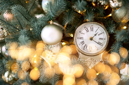 happy new year, decorated tree, toys, gifts, beautiful room. Toy decoration on Christmas tree,...