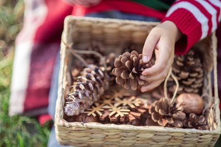Little boy in sweater and hat waiting for a Christmas in the wood. little boy near the christmas tree. Cute child decorating the Christmas tree outdoor. Merry Christmas and happy holidays.の写真素材