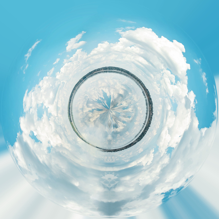 Fantastic landscape. Clouds and the river. Mirror water. blue lake with cloudy sky, nature series. Spherical panoramaの写真素材