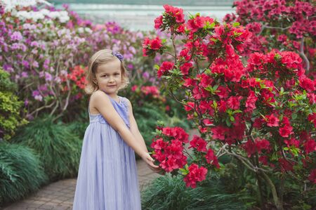 girl sniffing flowers of azaleas. flowering azaleas in the park.の写真素材