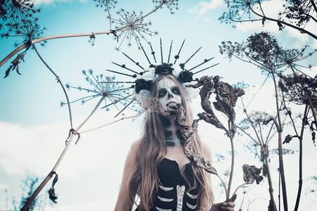 Closeup portrait of Calavera Catrina in black dress. Sugar skull makeup. Dia de los muertos. Day of The Dead. Halloween.の写真素材