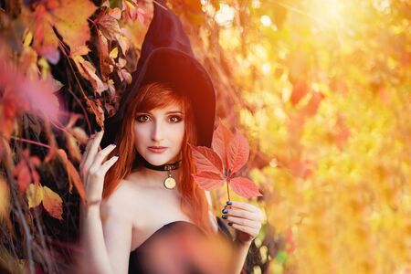 Halloween Beautiful young Witch girl in witches hat on spooky dark magic forest background. Portrait...