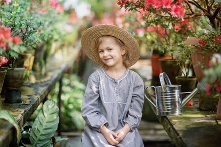 Child planting spring flowers. Little girl gardener plants azalea. Girl holding azalea bush in flower pot. Child taking care of plants. Toddler with flower basket. girl holding pink flowersの写真素材