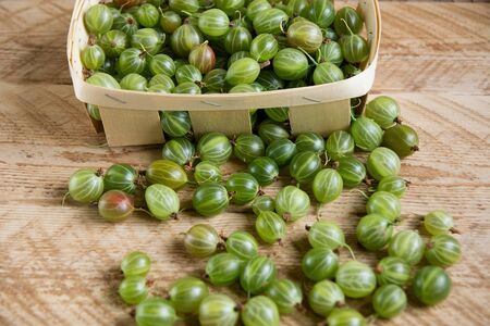 gooseberries in a basket on a wooden background. fresh berries. Copy spaceの写真素材
