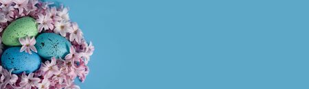 Easter background with blue Easter eggs in nest of spring flowers. Top view with copy space. Happy...