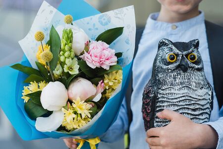 a bouquet for the first beloved teacher on the first of September. Flowers for the last bell. day of...
