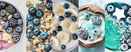 Collage from different pictures of smoothy bowls. Healthy breakfast berry smoothie bowl topped with Blueberries blackberries, pumpkin seeds and almond flakes. vegan raw food. Selective focus. Flatlayの写真素材