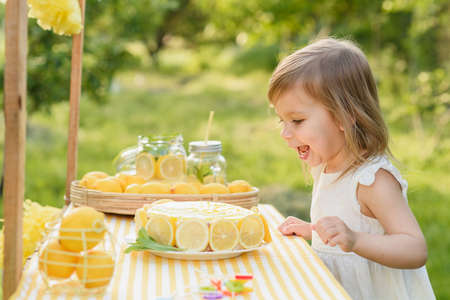 Birthday cake with happy birthday candles. Lemonade birthday party at summer park. food, celebration and festive concept. Little child drinks natural lemonade at stand in parkの写真素材