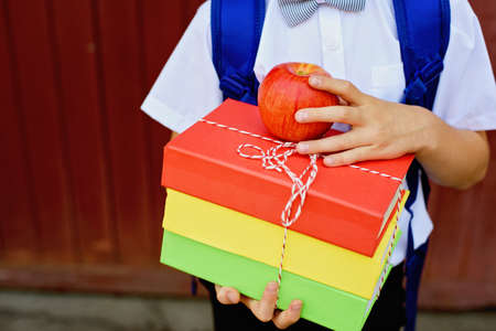 happy school boy standing with books on red wooden background. Farewell Bell. day of knowledge. beginning of the school year.の写真素材