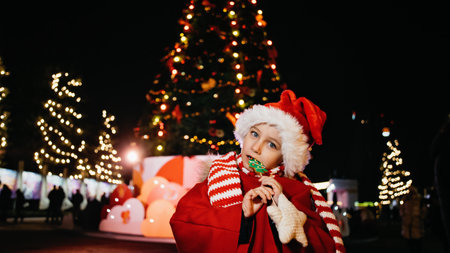 Child on christmas market. cute lovely girl in red hat standing at street happy about gingerbread cookies. Traditional leisure for families on xmas holidays. Family, tradition, holiday conceptの写真素材