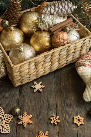 Christmas decorations in a box. happy new year. Christmas or New Year composition.の写真素材