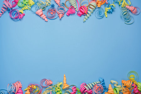 party background with colorful streamers for celebrating birthday. space with scattered confetti. Colorful celebration concept. Copy space on blue backgroundの写真素材