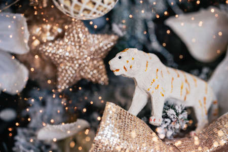 White Tiger symbol of the Chinese new year 2022. Christmas concept. Chinese Year of Tiger, Zodiac symbol 2022. Festiv background. Christmas holiday celebration. eastern calendarの写真素材