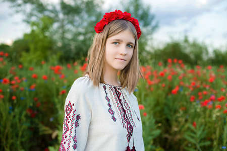 Ukraine's Constitution day. 24 August. Patriotic holiday. outdoor portrait. Child in traditional embroidery collecting poppies in field. Blooming Poppies memory symbol.の写真素材
