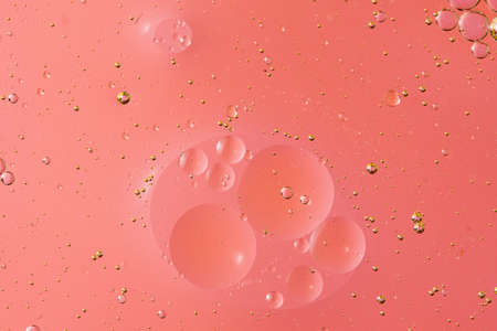 oil with bubbles on light pink coral monochrome background. Abstract space background. Soft selective focus. macro of oil drops on transparent gel surface. copy space. air bubbles in water,の写真素材