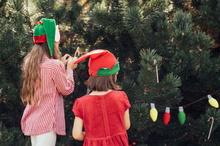Merry Christmas. Portrait of two happy funny children girls in Santa hat waiting for Christmas in wood in july. girls decorating christmas tree. winter holidays and people concept.の写真素材