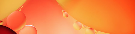 oil with bubbles on coral background. Pink Abstract space background. Soft selective focus. macro of oil drops on water surface. copy space. air bubbles in water, Banner formatの写真素材