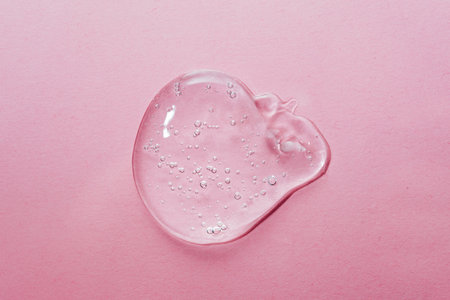 Close up macro Aloe vera gel serum cosmetic texture on pink background with bubbles. Cruelty free. Lemongrass gel skincare product. antibacterial liquid moisturizing.の写真素材