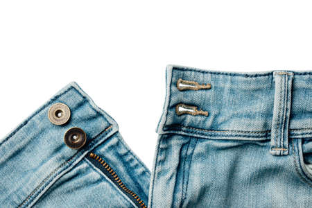Old Blue jeans fabric denim texture isolated on white background for design. Canvas denim. Close up view. fabric frame with copy space, text place. Fashion clothes conceptual frameの写真素材