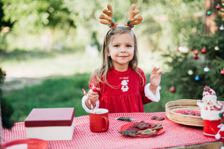 Christmas in july. Child waiting for Christmas in wood in july. portrait of little girl drinking hot cocoa with marshmallow and gingerBread man cookies. Merry Christmas and Happy Holidays.の写真素材