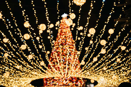 Light bokeh defocused background. Blurred photo of Kyiv Main Christmas tree lights. golden light effects. holidays, background and illumination conceptの写真素材