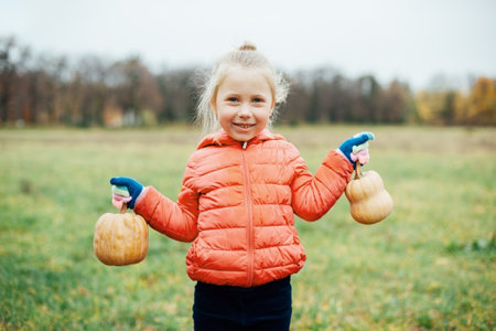Autumn harvest organic pumpkins and apples. Happy girl on pumpkin patch on cold autumn day, with lot of pumpkins for halloween or thanksgiving Children on pumpkin field.の写真素材