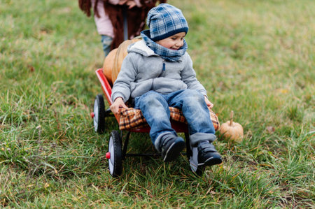 Autumn harvest organic pumpkins and apples. Happy children on pumpkin patch on cold autumn day, with lot of pumpkins for halloween or thanksgiving and red wagon. Boy and girl on pumpkin field.の写真素材