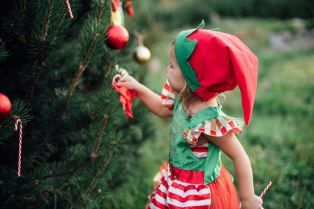 Christmas in july. Child waiting for Christmas in wood in july. portrait of little girl decorating christmas tree. winter holidays and people concept. Merry Christmas and Happy Holidays.の写真素材