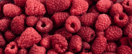 Trendy color of 2023 viva magenta. Ripe juicy fresh raspberries. Natural food background. Berries...