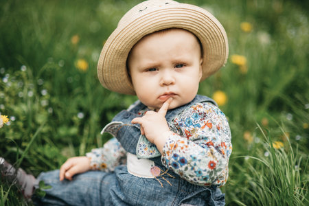 cute and cheerful portrait of little child sitting in blooming flowers of dandelion. concept nature and imagination. honey allergy. summer moodの写真素材
