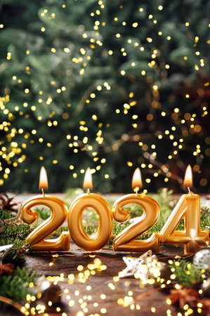 Holiday background Happy New Year 2024. Numbers of year 2024 made by gold burning candles on bokeh festive sparkling background. celebrating New Year holiday, close-up. Space for textの写真素材