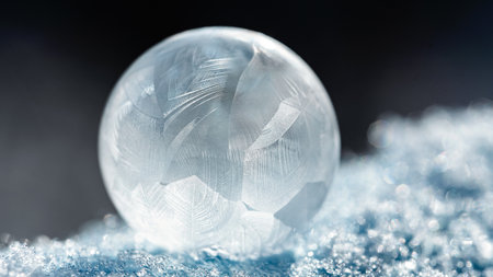 frozen bubble with bokeh background. Beautiful frosty patterns on frozen soap bubble. winter, frosty background. Macro photoの写真素材
