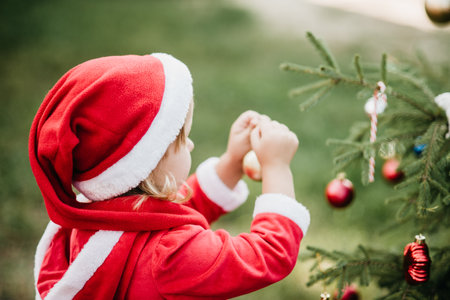 Christmas in july. Child waiting for Christmas in wood in summer. portrait of little girl in red dress decorating christmas tree. winter holidays and people concept. Merry Christmas and Happy Holidaysの写真素材