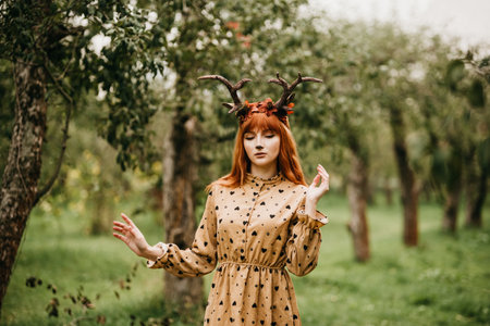 fairy woman with deer horns in autumn forest. Face painting. Beautiful mystery woman. redhead girl with big eyes magical sightの写真素材