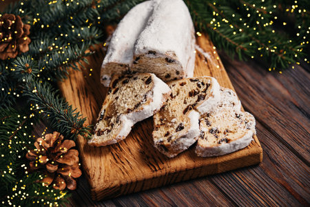 Christmas stollen on wooden background. Traditional christmas german dessert cut into pieces. Cake with nuts, raisins with marzipan and dried fruit on cutting board. baking for xmasの写真素材