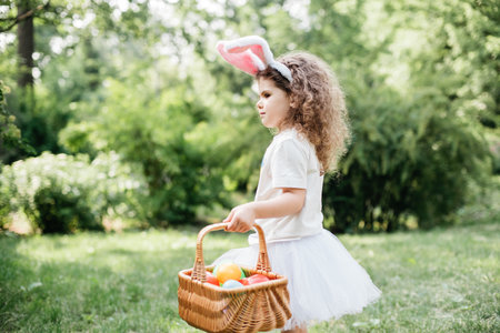 Easter egg hunt. Girl child Wearing Bunny Ears Running To Pick Up Egg In Garden. Easter tradition. Baby with basket full of colorful eggs.の写真素材