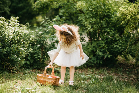 Easter egg hunt. Girl child Wearing Bunny Ears Running To Pick Up Egg In Garden. Easter tradition. Baby with basket full of colorful eggs.の写真素材