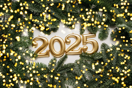 Holiday background Happy New Year 2025. Numbers of year 2025 made by gold candles on background with...