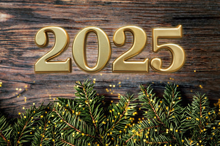 Holiday background Happy New Year 2025. Numbers of year 2025 made by gold candles wooden rustic...